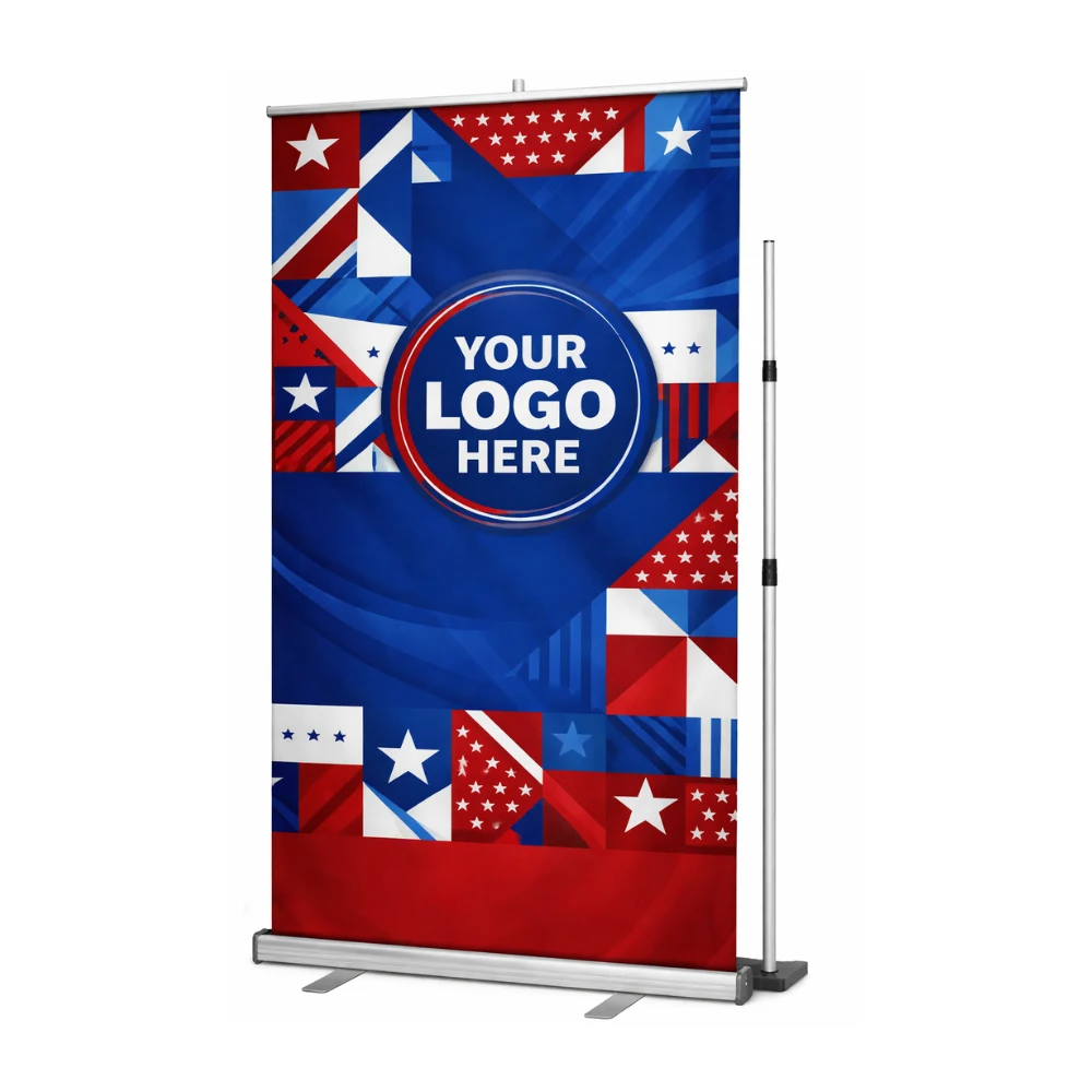 WIDE FORMAT ROLL UP BANNER. INCLUDES STAND AND SATIN FABRIC PRINT. EASY SETUP. WITH TELESCOPIC POLE 1