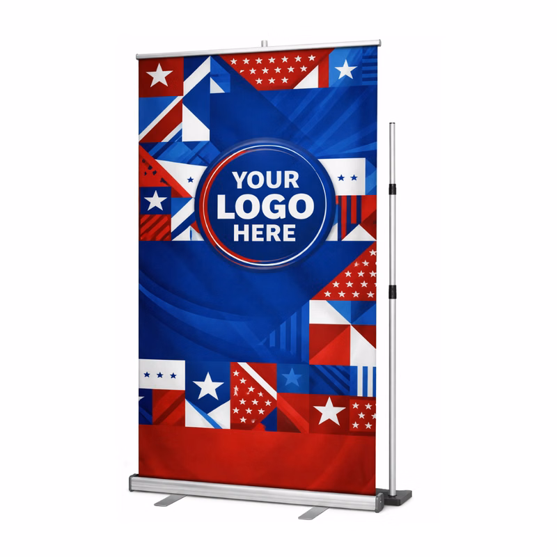 WIDE FORMAT ROLL UP BANNER. INCLUDES STAND AND SATIN FABRIC PRINT. EASY SETUP. WITH TELESCOPIC POLE