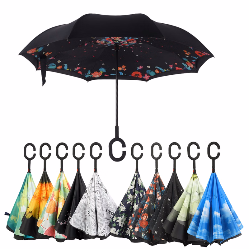 Double Layer Pongee Inverted Umbrella, C-Shaped Handle Inside Out Reverse Umbrella