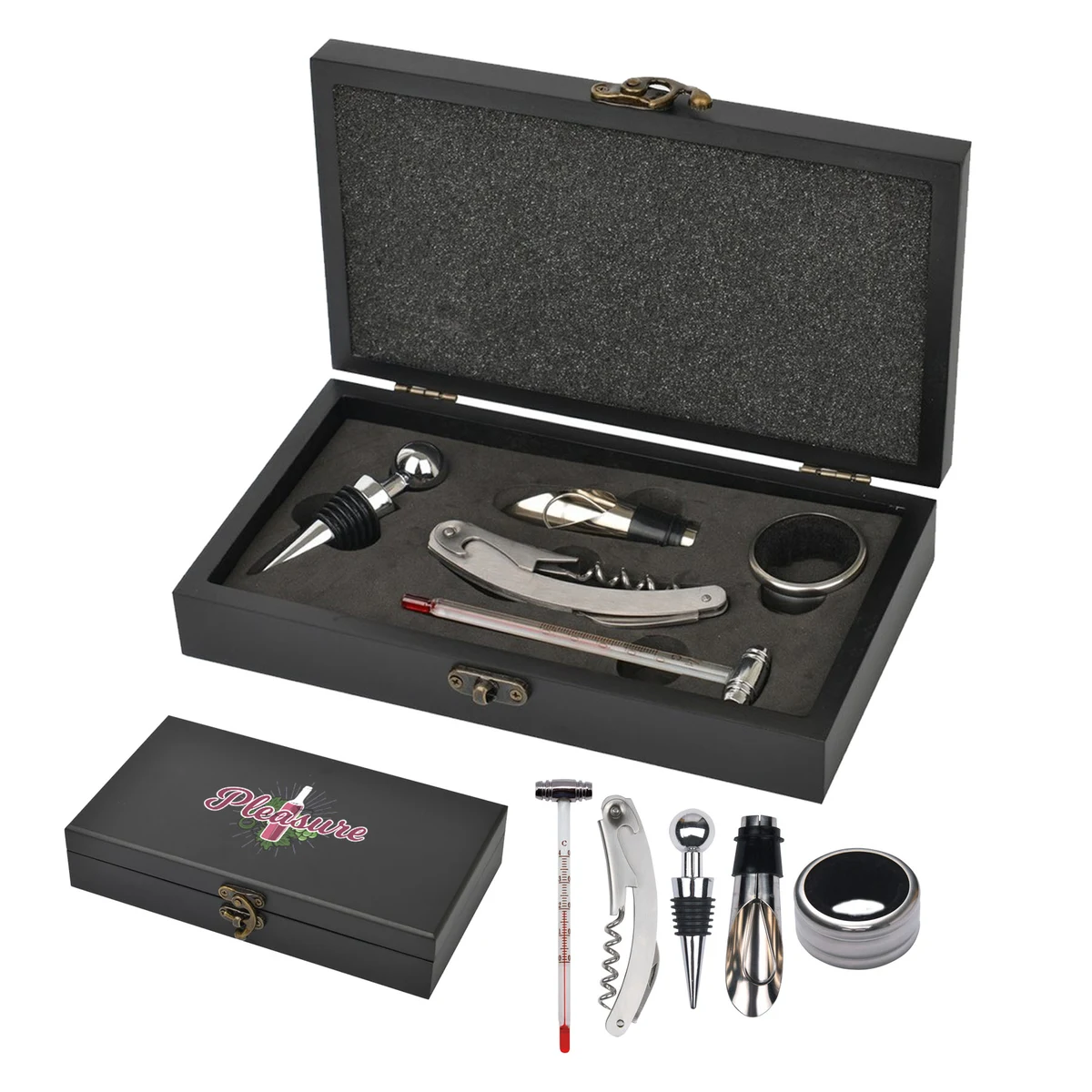 Low MOQ Five Piece Wine Opener Set w/Black Wood Case 1