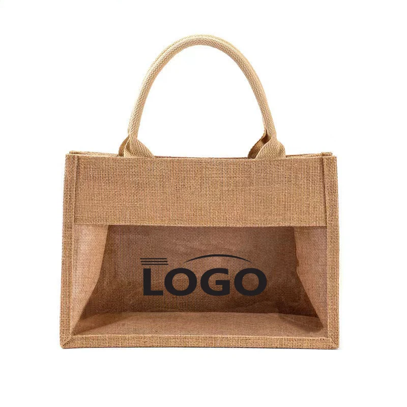 Jute Tote Bag with Transparent Panel, custom tote bag with logo imprint 1
