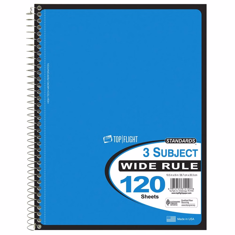3 Subject Spiral Notebooks - Wide Ruled 120 Sheets 5 Colors