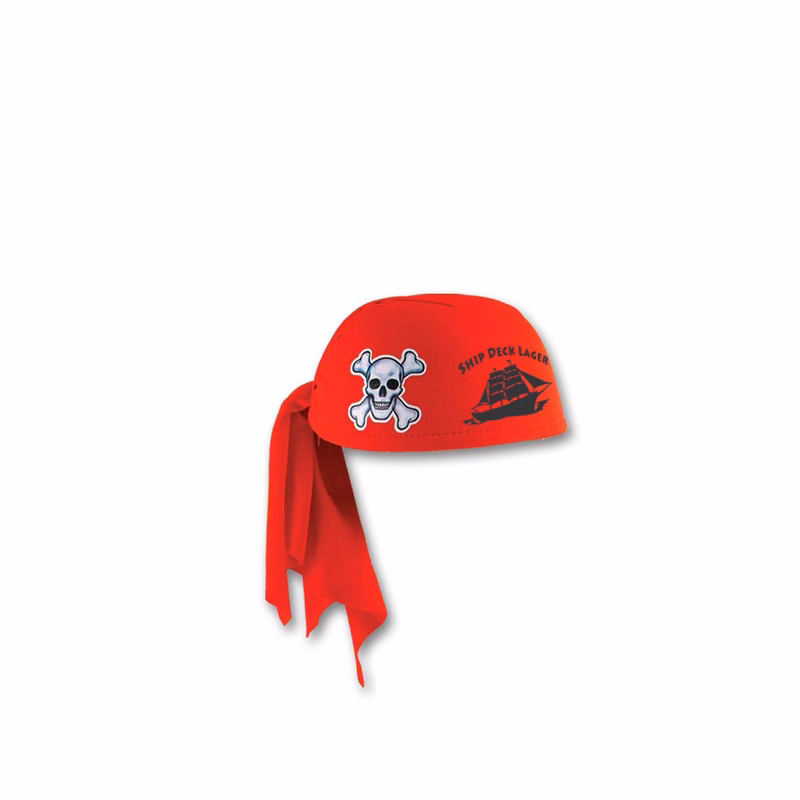 Pirate Scarf Hat with a 1-color direct screen print (skull and crossbones are pre-printed on hat)