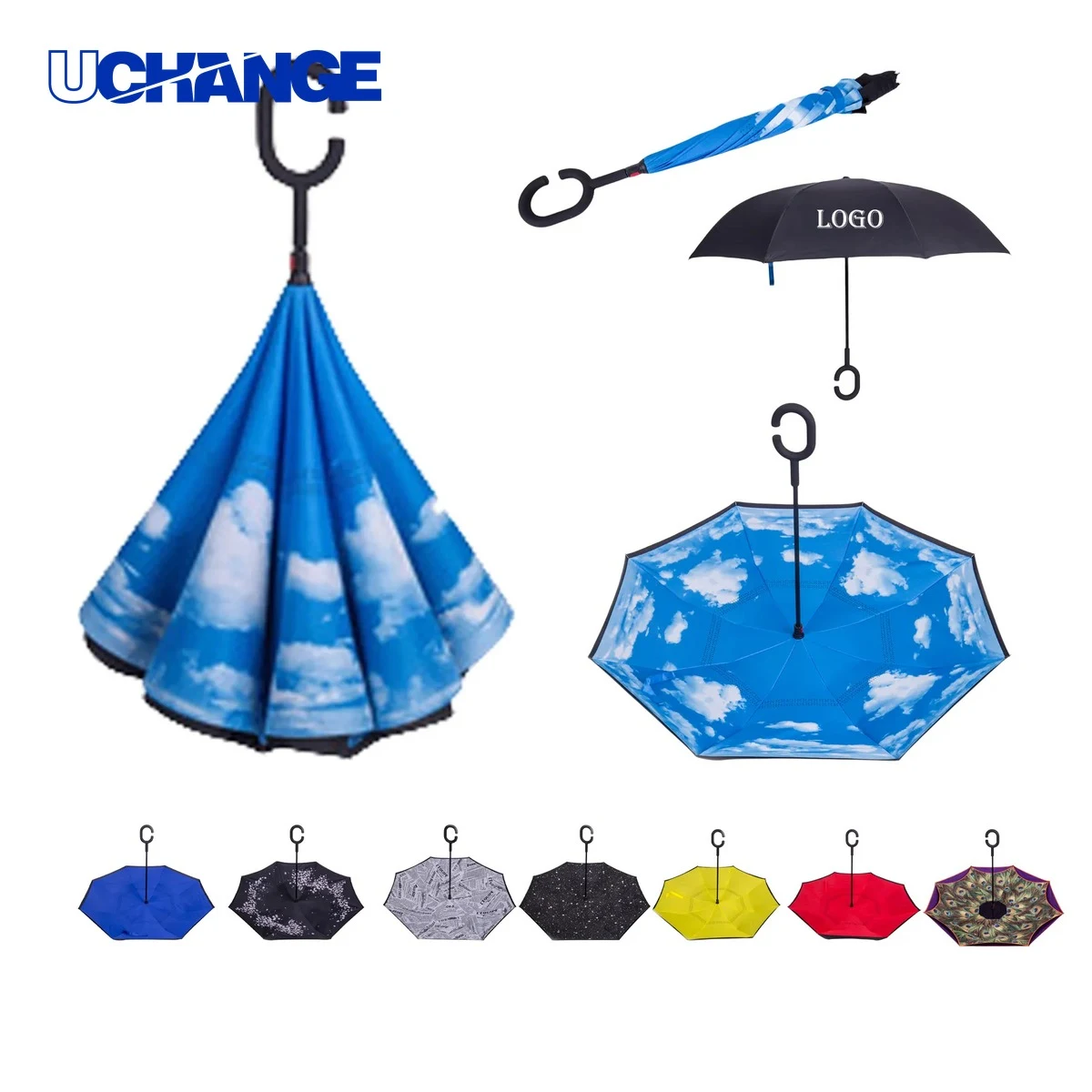 Reversible Inverted Umbrella With C Shape Handle 1