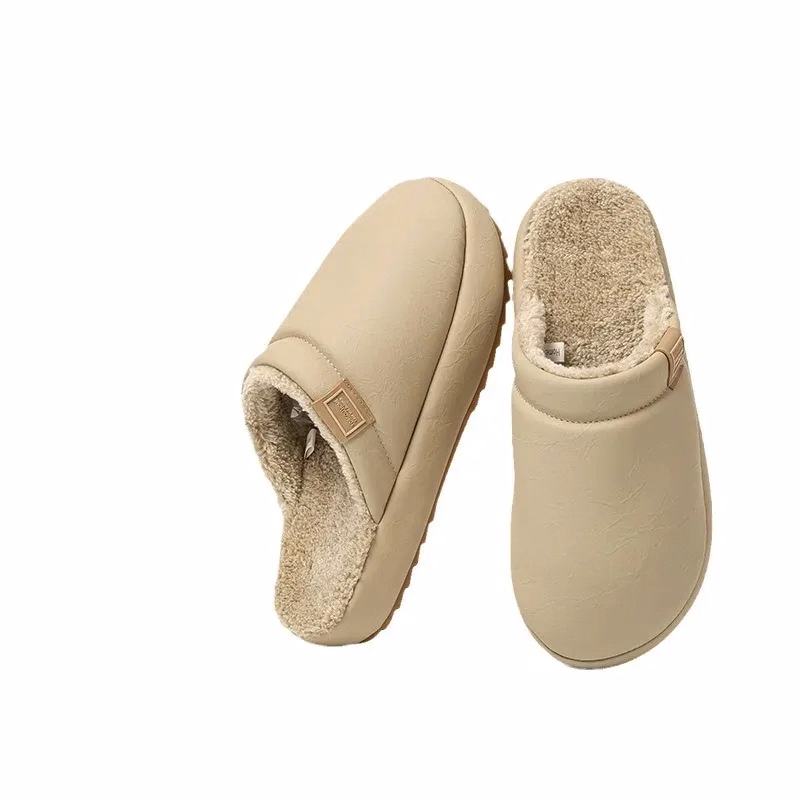 Waterproof Faux Leather Plush Slippers