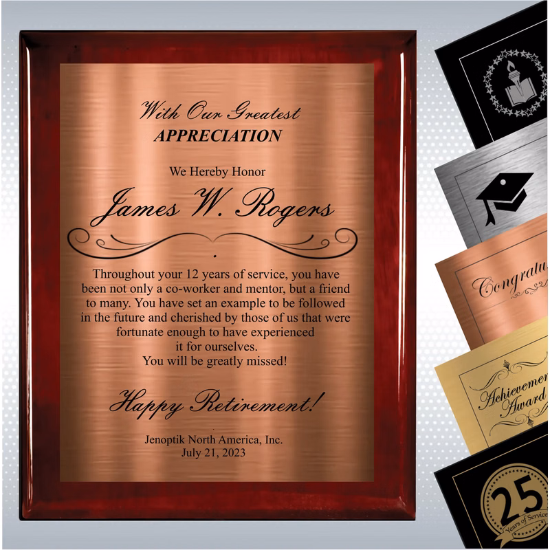 Rosewood Piano Finish Wood Plaque Retirement Gift Award
