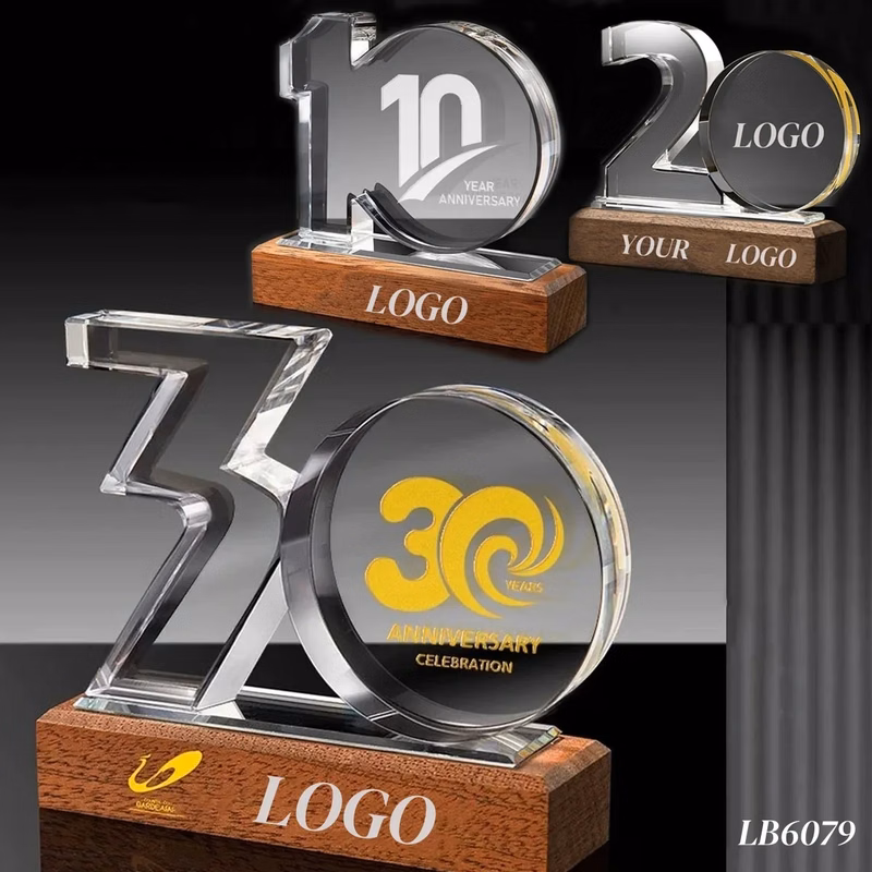 Personalized Work Anniversary Crystal Awards with Wood Base