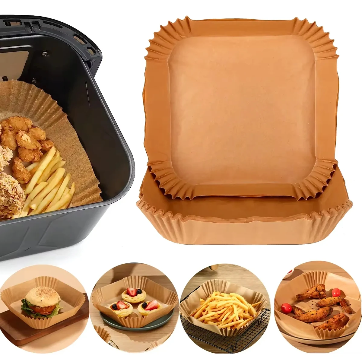 7.9" Square Air Fryer Disposable Paper Liners 125 Pcs/Box 1