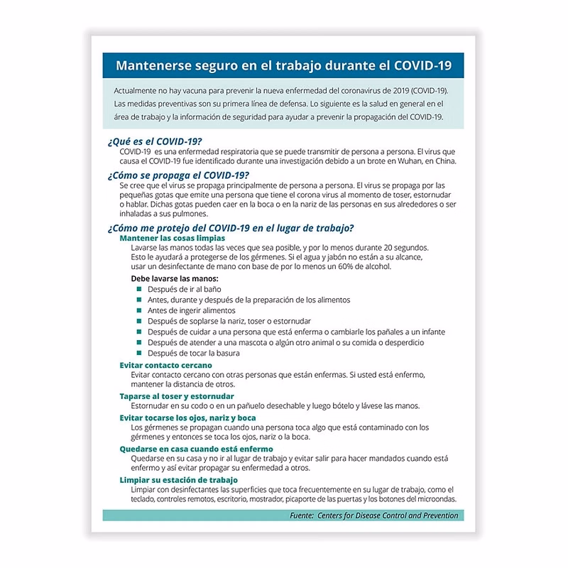 COVID-19 -Prevention & Stress Mgmt Handout - 25 Pk (Spanish)
