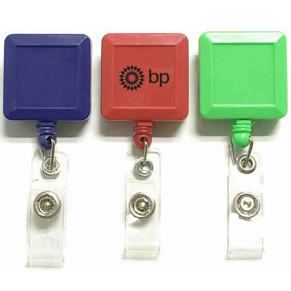 Square 26" retractable badge holder with metal clip on the back. 1