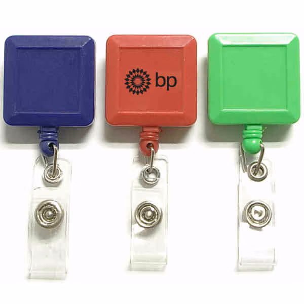 Square 26" retractable badge holder with metal clip on the back.