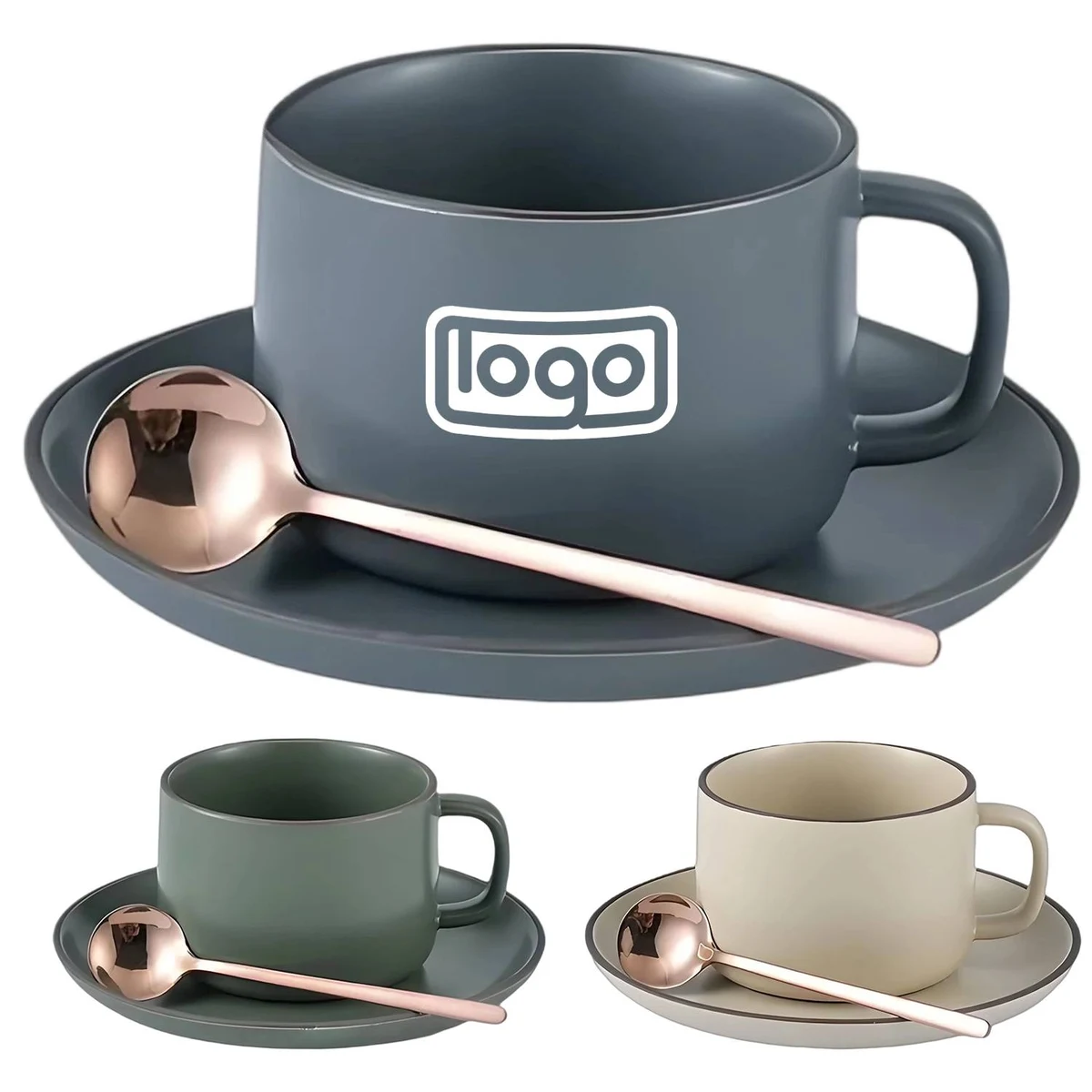 8oz Ceramic Coffee Cup with Saucer Spoon Set 1