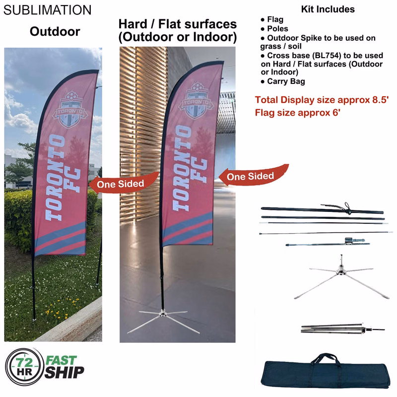 72Hr Fast Ship - 8.5' X-Small Feather Flag Kit, Full Color Graphics 1 Side, Outdoor and Indoor bases