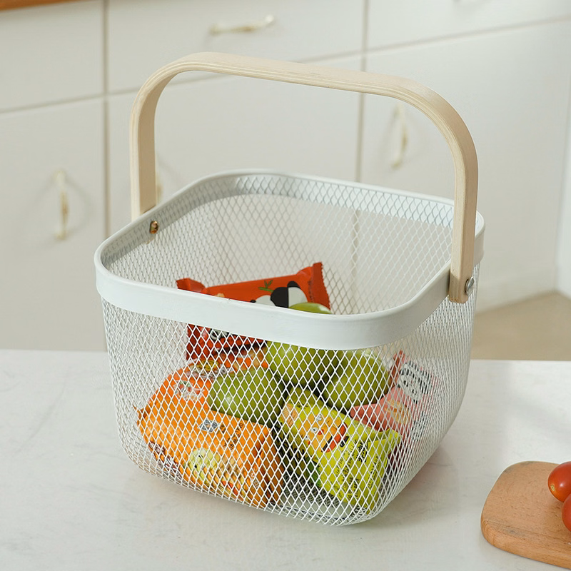 Metal Mesh Steel Baskets with Wood Handle