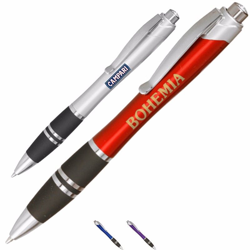 Silver Accent Plastic Pens w/ Rubber Grips & Colorful barrel