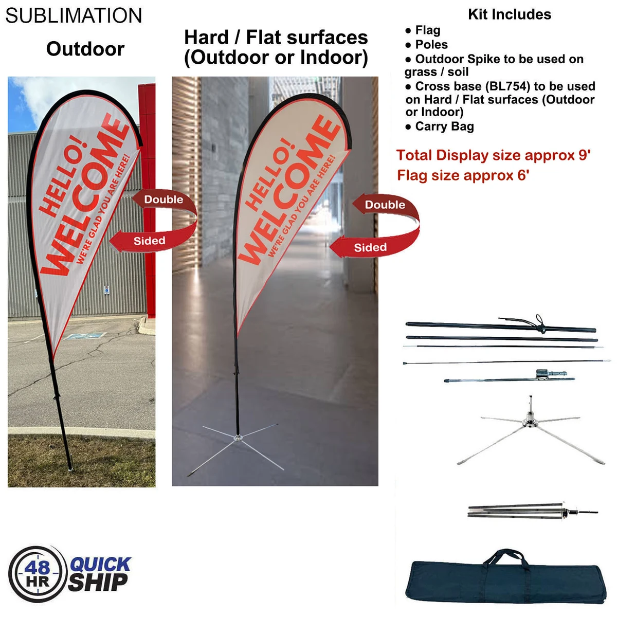 48Hr Quick Ship -9' Small Tear Drop Flag Kit, Full Color Graphic Double Sided, Outdoor & Indoor base 1