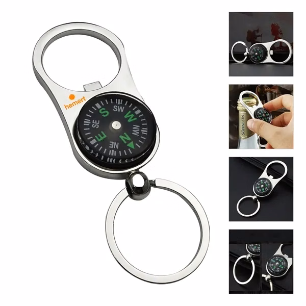 Custom Metal 3.78-inch Bottle Opener Compass Keychain — Adventure & Travel Promo Gear