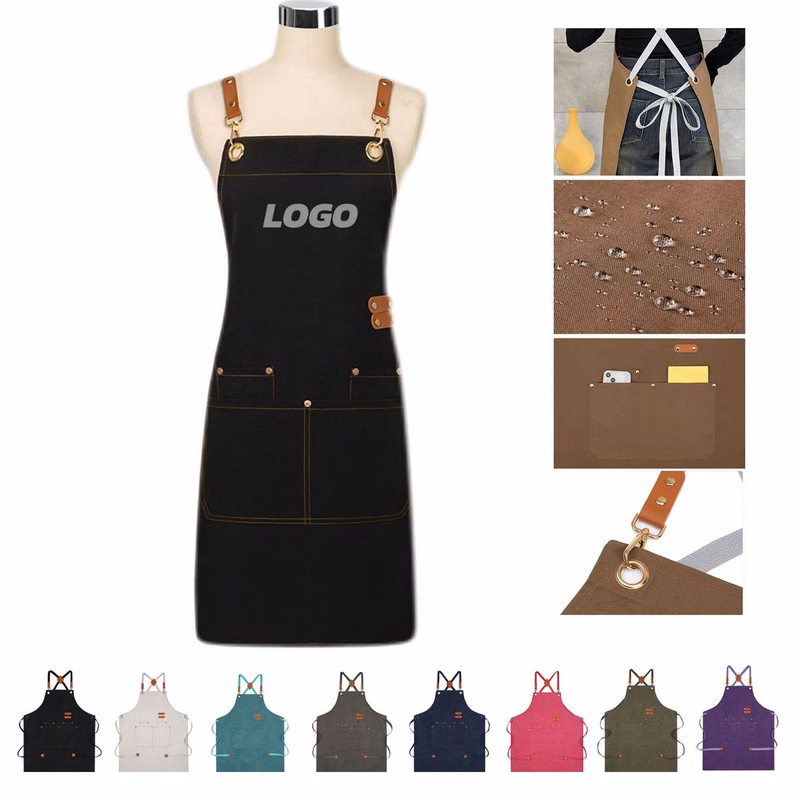 MOQ10 Canvas Waterproof Oilproof Pockets Apron Kitchen