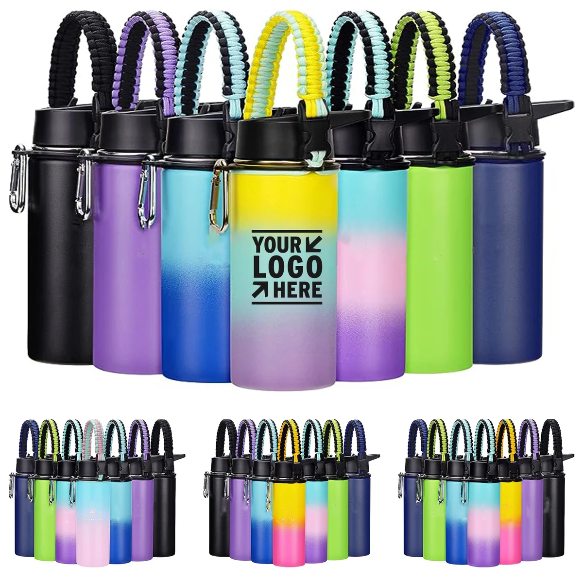 Double Wall BPA-Free Stainless Steel Mouth Straw Spout Lid Paracord Handle Insulated Water Bottle, custom water bottle with logo imprint 1