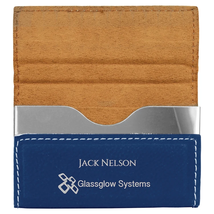 3 3/4" x 2 3/4" Blue/Silver Leatherette Hard Business Card Holder 1