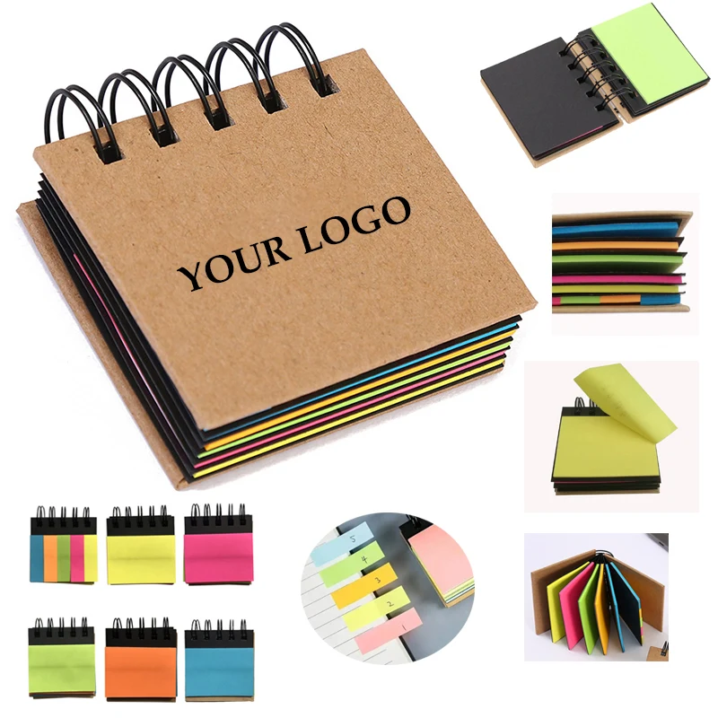 Portable Sticky Notes Notebook Pad Marker Spiral Brown Cover 1