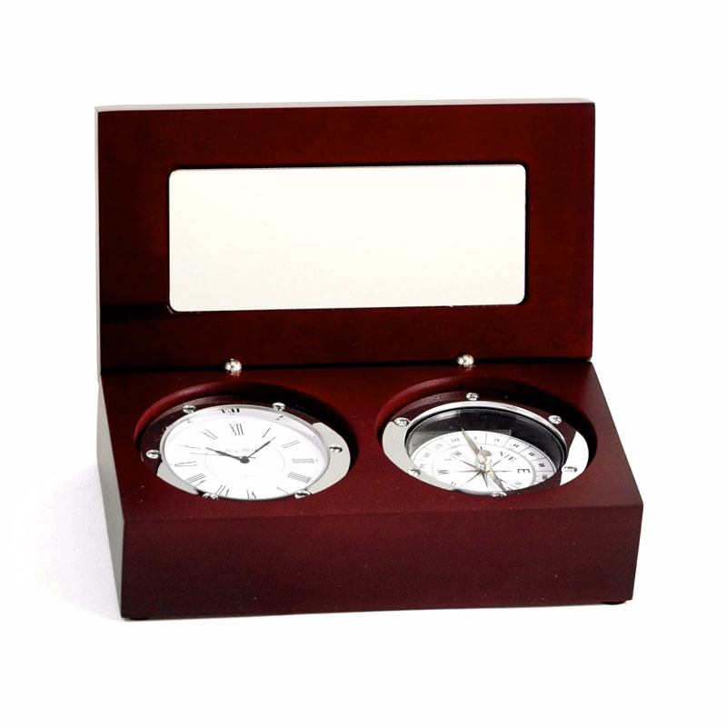 Chrome Clock / Compass in Executive Rosewood Box