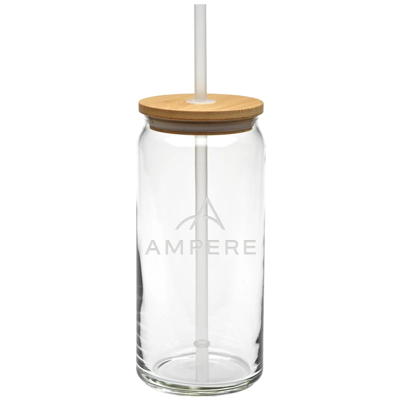20 oz. Etched Tall Boy Glass with Bamboo Lid 1
