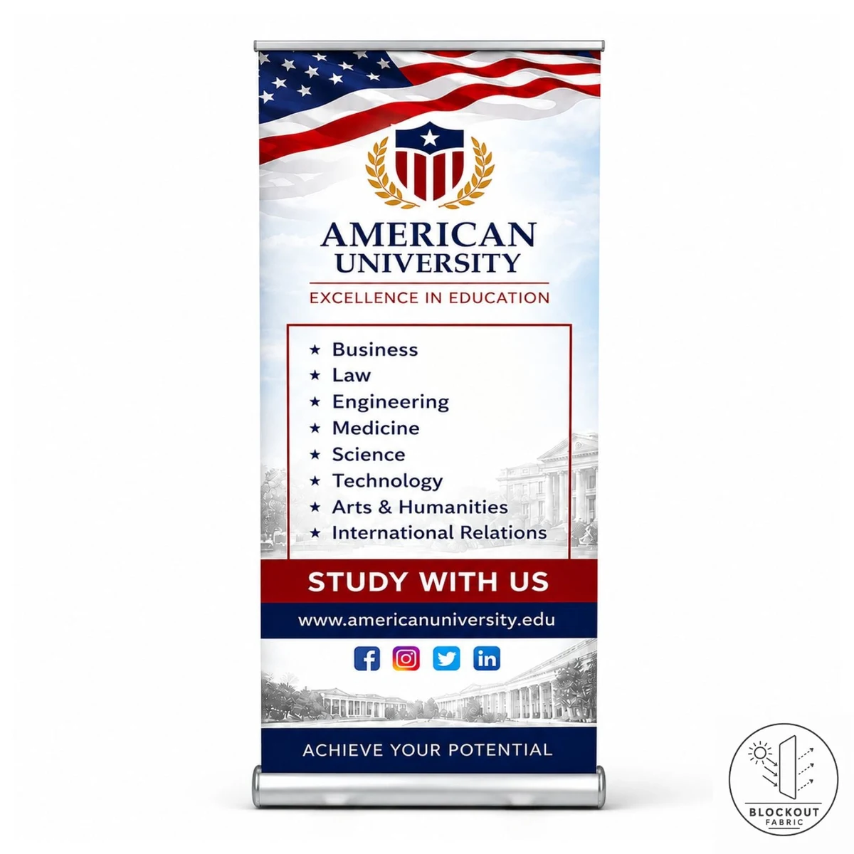 Sublimated Deluxe Retractable Pull Up Banner, Superior Block Out Fabric, 33.5x79, Wide Base 1