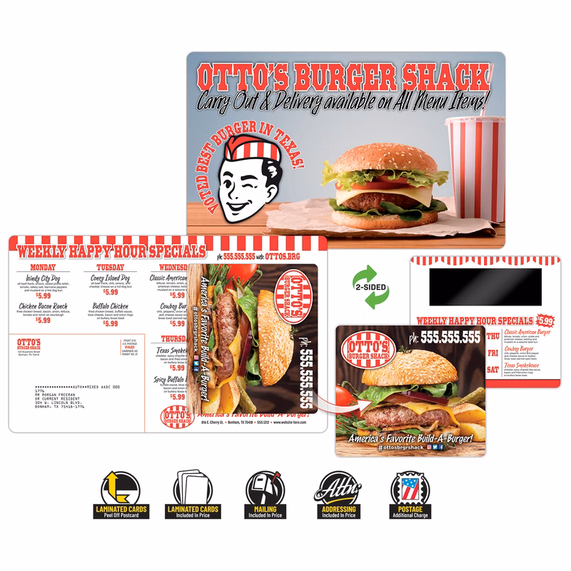 Laminated Postcard (8.5x5.25) with Magnetic 3.5"x4" Laminated Card (14pt.)
