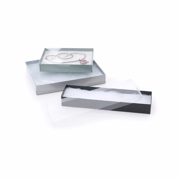 Cotton filled jewelry box with clear acetate lid