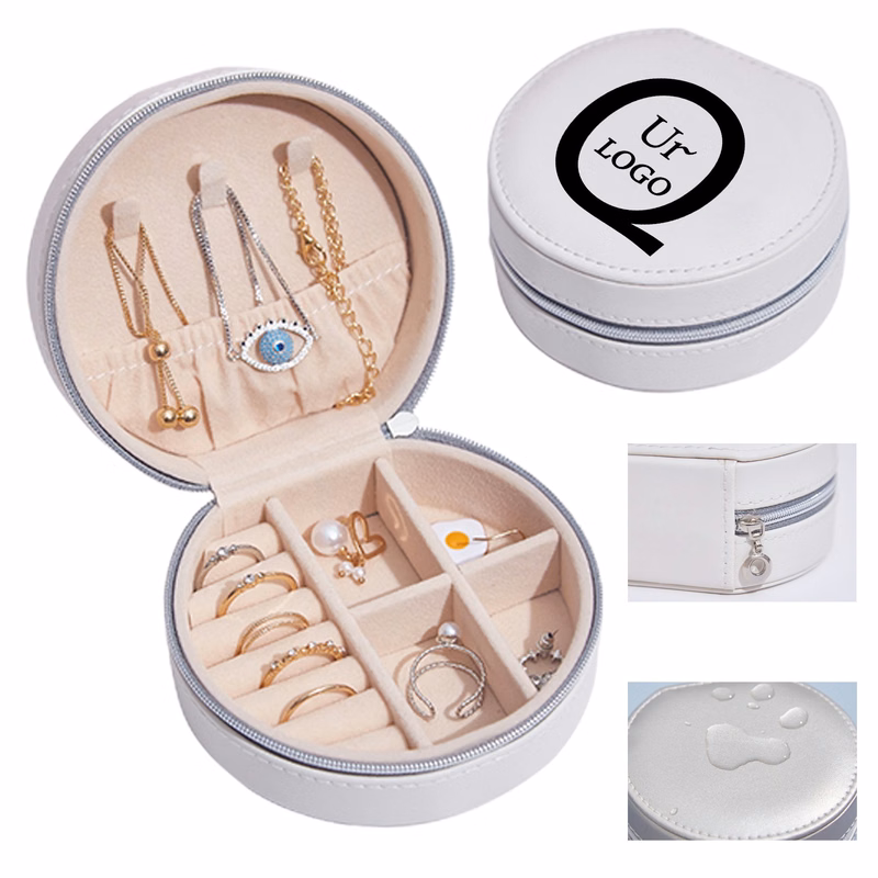 Pu Leather Small Round Jewelry Case W/Multi-Compartment