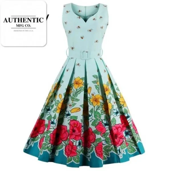 Vintage 1950s Floral Bee Print Party Dress with Sashes 1