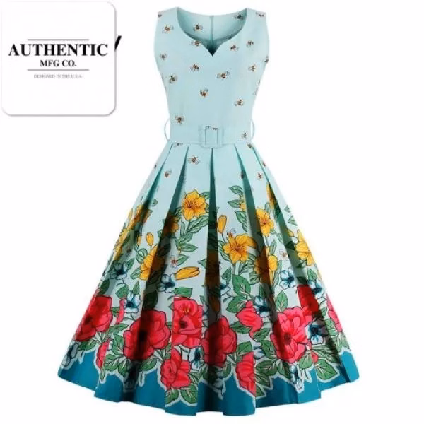 Vintage 1950s Floral Bee Print Party Dress with Sashes