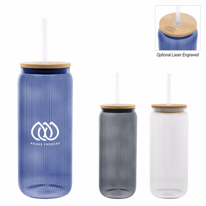 20 Oz. Ribbed Borosilicate Glass Can with Bamboo Lid