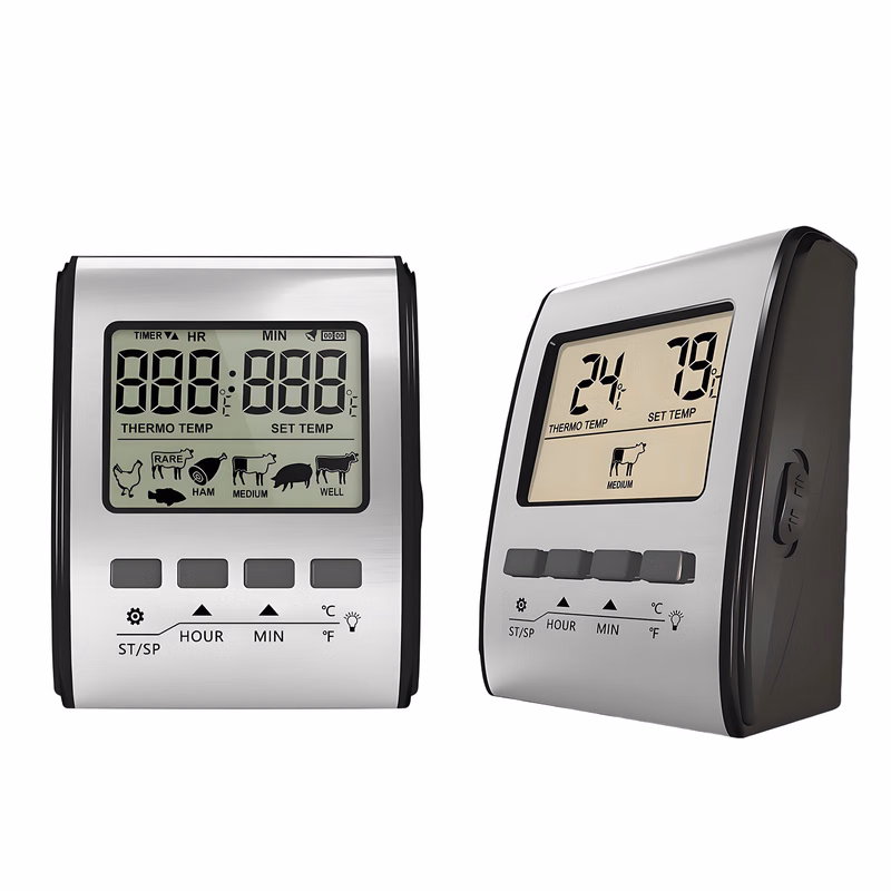 Smart BBQ Meat Thermometer Timer with Temperature Alarm, Stainless Steel Panel.