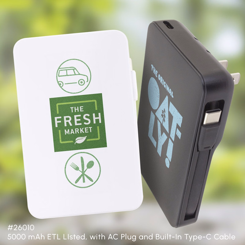 5000 mAh ETL LIsted, with AC Plug and Built-In Type-C Cable