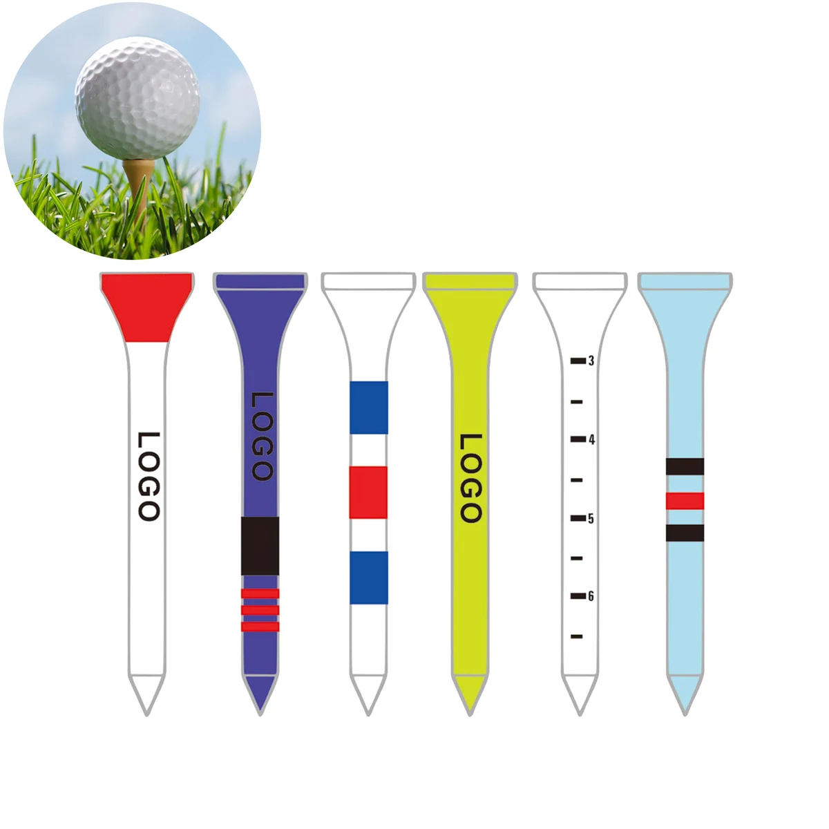 Wooden-finished Golf Tees in Vivid Colors 3.3" x 0.25" 1