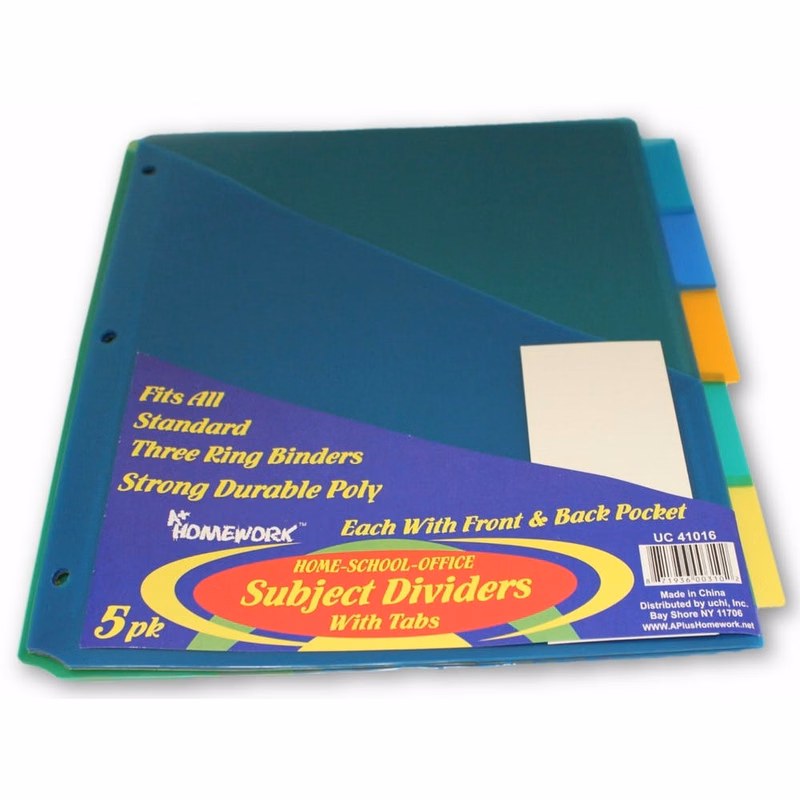 Subject Dividers - 5 Tabs Durable Poly 2 Pockets
