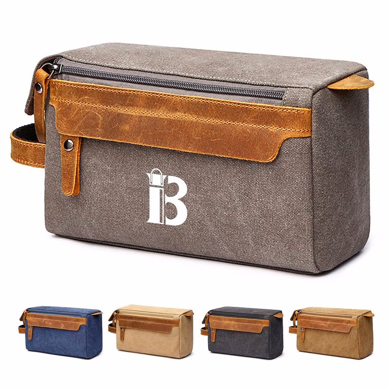 Crazy Horse Leather Canvas Travel Cosmetic Bag