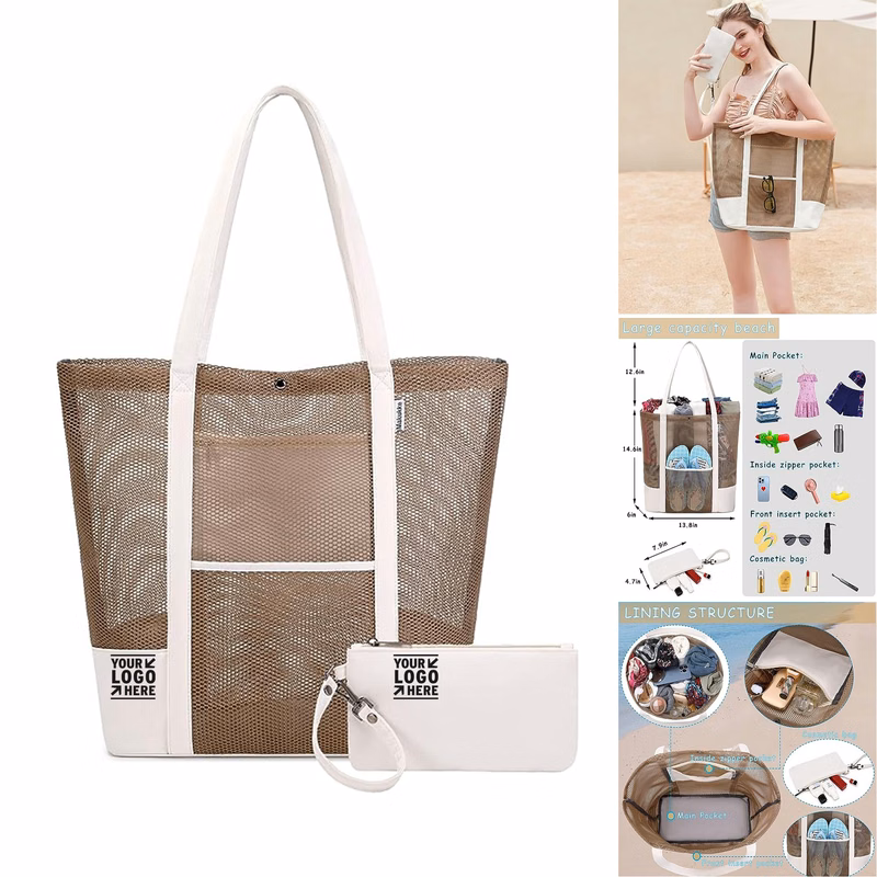 Women Waterproof Mesh Beach Tote Large Sandproof Handbag With Small Purse Pool Bag
