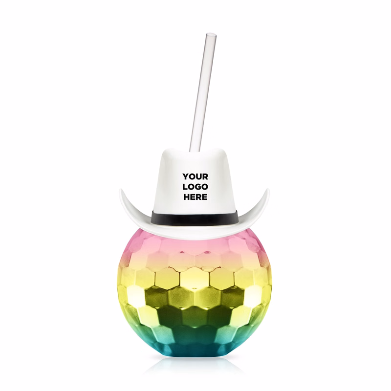 Disco Ball Cup Rainbow w/Straw and White Hat(hat not assembled)(Imprintable)