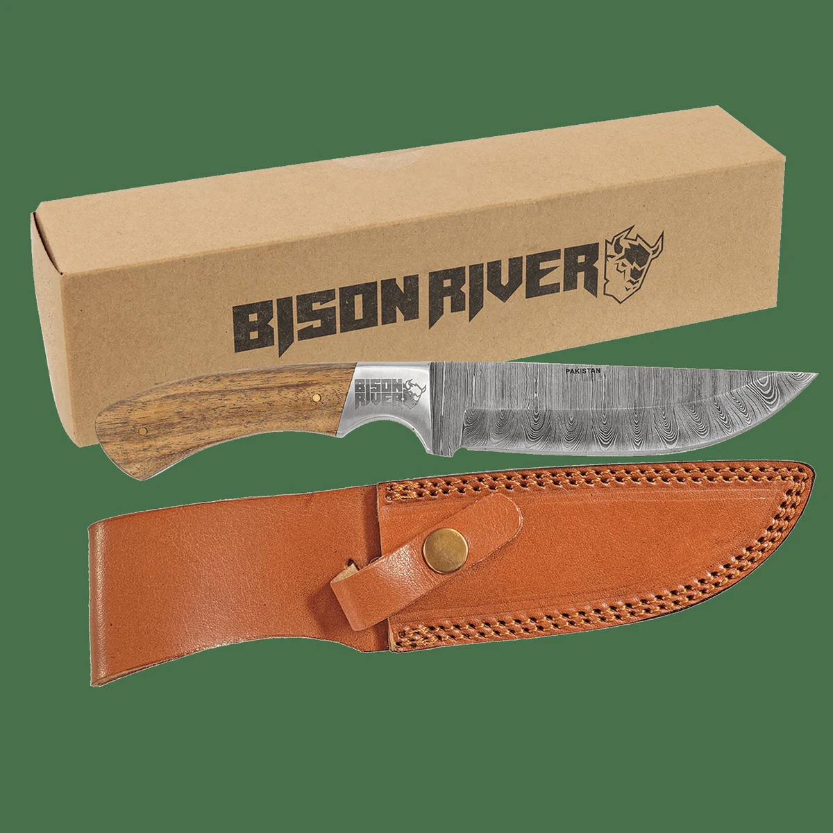 Bison River 9 1/2" Woodgrain/Silver Fixed Blade Wood Knife with Damascus Steel Blade and Leather Sh 1