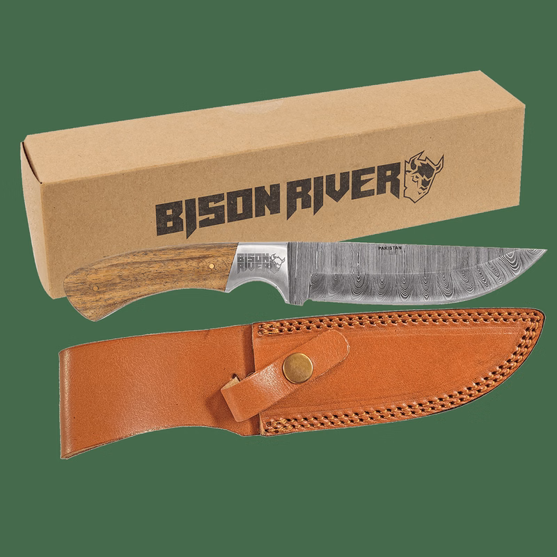 Bison River 9 1/2" Woodgrain/Silver Fixed Blade Wood Knife with Damascus Steel Blade and Leather Sh