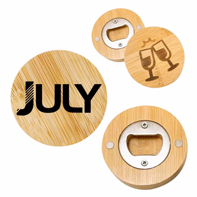 Bamboo Round Bottle Opener with Magnet