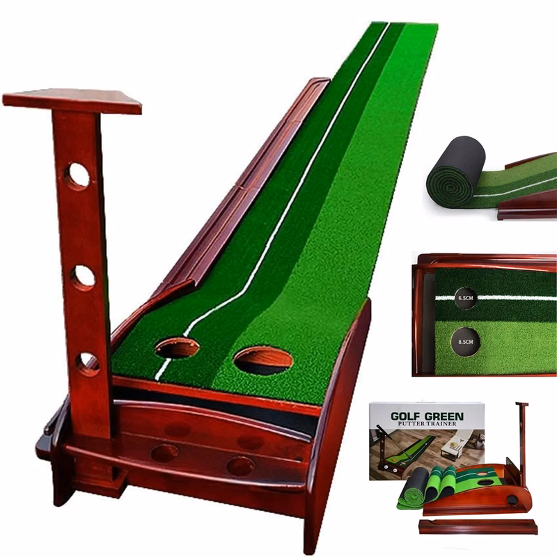 Wood Indoor Golf Putting Mat Green with Ball Return