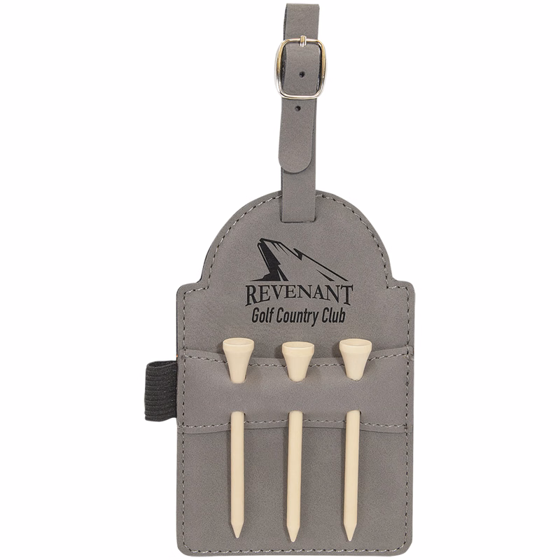 5" x 3 1/4" Gray Leatherette Golf Bag Tag with 3 Wooden Tees