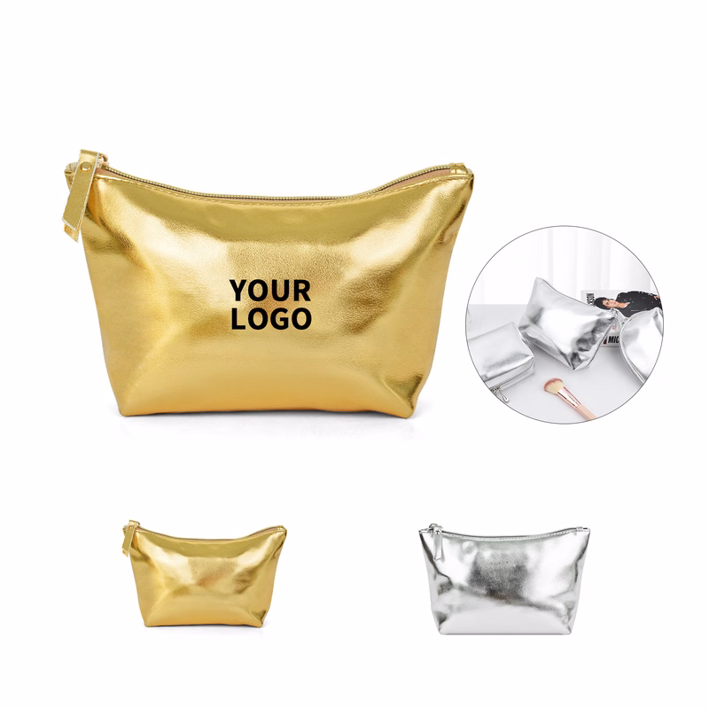 Silver Polyurethane Cosmetic Bag 7.1 x 2.4 x 5.6"