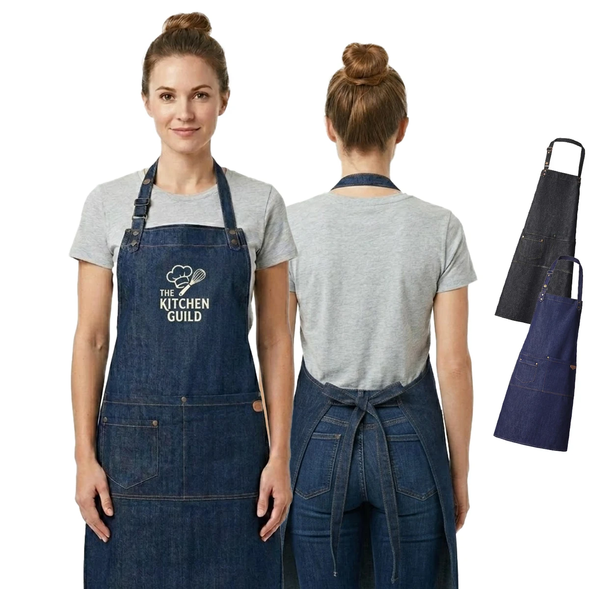 12 oz. Poly Denim Kitchen Aprons w/ Adjustable straps & 3 Pockets 1