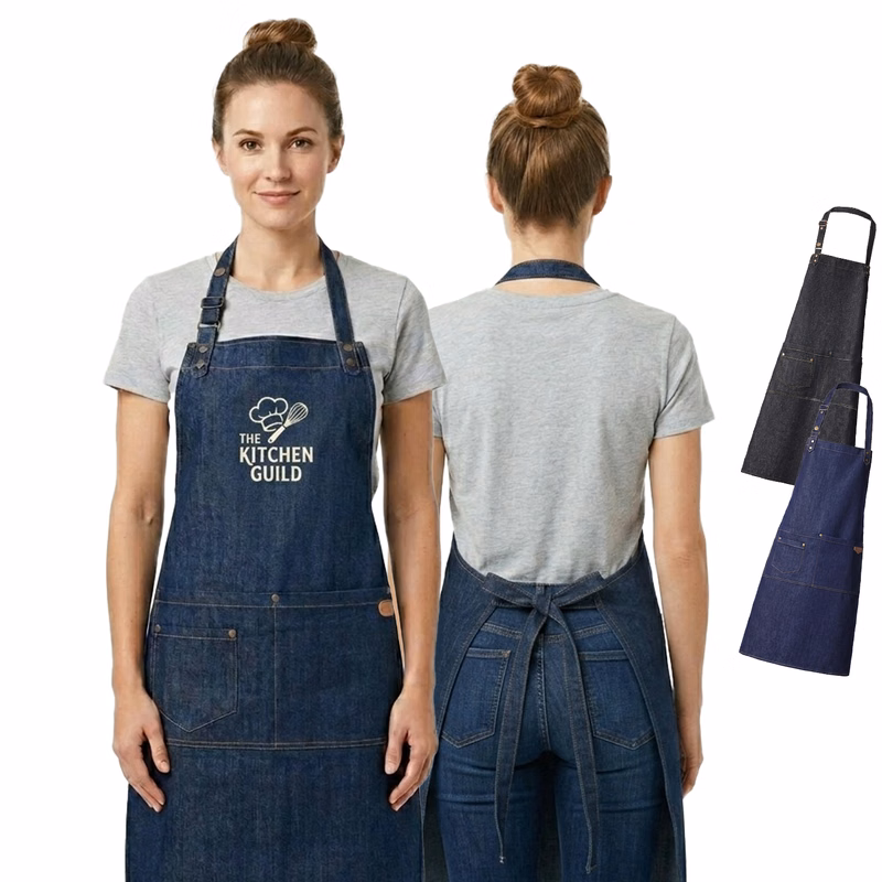 12 oz. Poly Denim Kitchen Aprons w/ Adjustable straps & 3 Pockets
