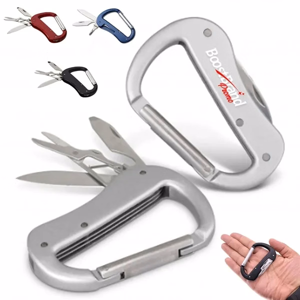 Custom Stainless Steel Multi-Tool Carabiner with Knife & Scissors — Survival Gear